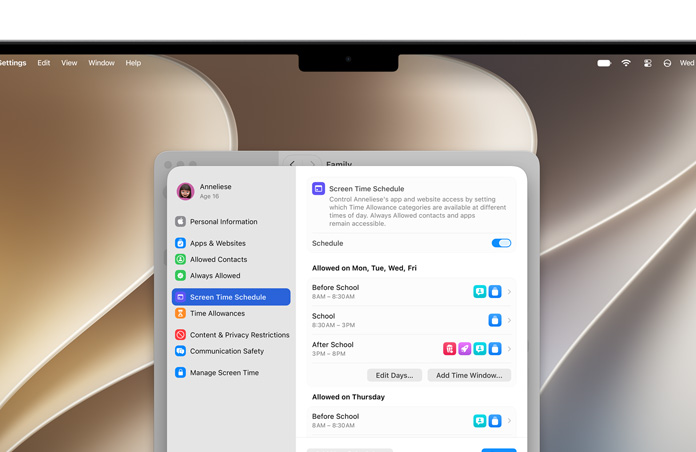 MacBook Pro ekran?nda, ?ocuklara zaman ve medya kategorileri ayarlamak i?in Ayarlar’daki Time Allowance ve Screen Time Schedule se?enekleri g?steriliyor