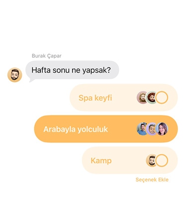 Mesajlar’daki yeni oylama ?zelli?inin yak?n ?ekim g?rüntüsü, grup sohbetindeki ki?iler hafta sonu nereye gideceklerini oyluyor