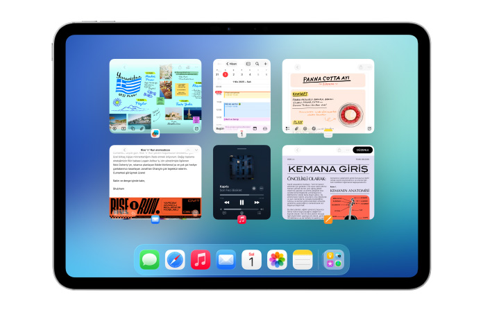 iPad, yatay pozisyonda, Takvim, Notlar, Apple Music ve Safari uygulamalar?n?n da yer ald??? alt? pencere, iki s?ra halinde a??k olarak g?steriliyor