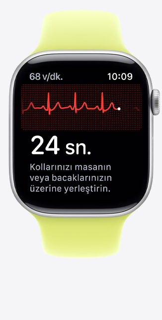 Apple Watch Series 11, alüminyum kasa, EKG uygulamas?, sa? üst k??ede vuru?/dakika, ortada ritim ?izgisi ve zamanlay?c?, Spor Kordon, neon sar? renk