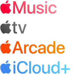 Apple 訂閱服務(wù)標(biāo)誌，包括 Apple Music、Apple TV、Apple Arcade、iCloud Plus
