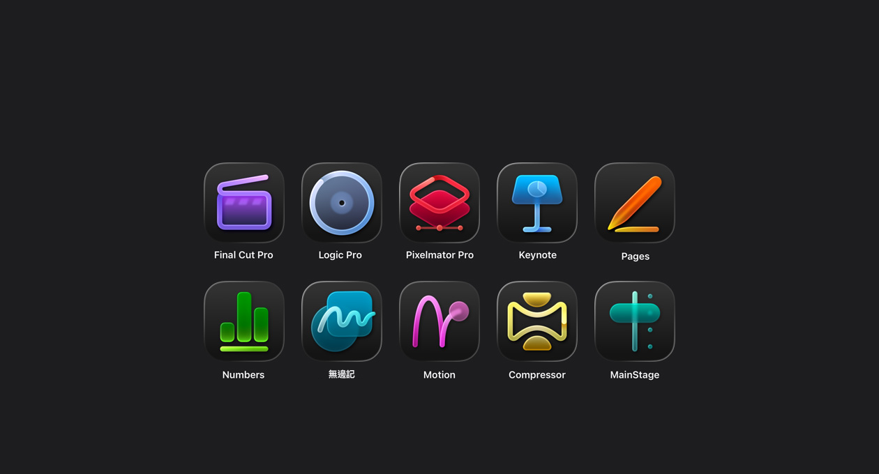 各種 Apple Creator Studio app 圖像，包括 Final Cut Pro、Logic Pro、Pixelmator Pro、Keynote、Pages、Numbers、無邊記、Motion、Compressor、MainStage
