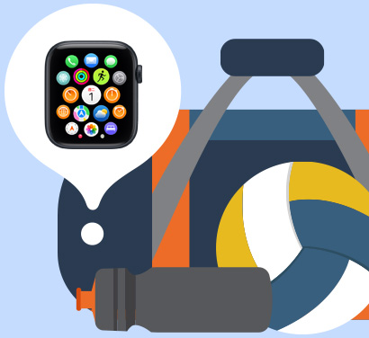 插圖畫著使用尋找 app 在運(yùn)動(dòng)袋中找到遺失的 Apple Watch