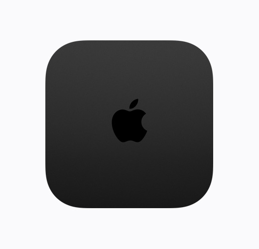 以俯視圖展示黑色 Apple TV 4K，露出黑色亮面 Apple TV 標(biāo)誌