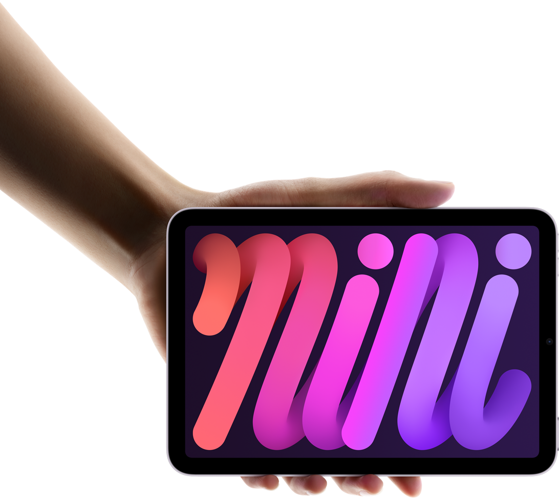 使用者以單手拿著橫向擺放的 iPad mini，展示精巧尺寸與方便攜帶的特色。