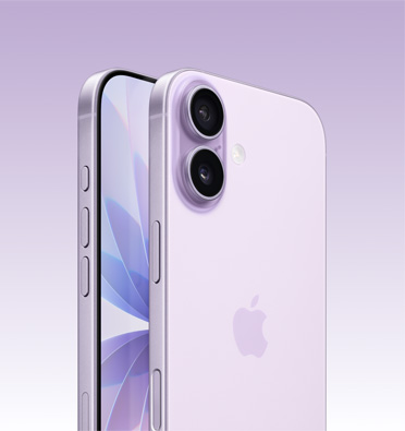 薰衣草紫色 iPhone 17 展示部分螢?zāi)唬眰?cè)面展示動作按鈕、音量按鈕和側(cè)邊按鈕。機身背面展示左上角的雙融合相機系統(tǒng)。