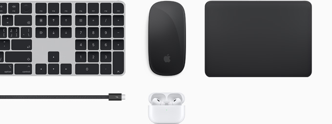 一系列配件，包括巧控鍵盤、巧控滑鼠、巧控板、Thunderbolt 4 Pro 連接線和 AirPods Pro。