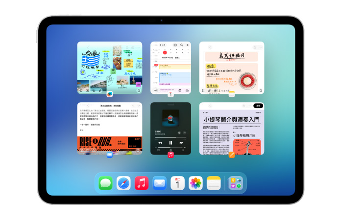 橫向放置的 iPad，螢?zāi)簧狭鶄€視窗呈兩列打開，包括行事曆 app、備忘錄 app、Apple Music 和 Safari