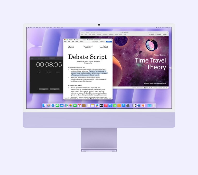 Ф?олетовий iMac: на екран? в?дкрито додатки Microsoft Word, Microsoft PowerPoint та Годинник