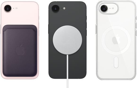 iPhone 17e, вид ззаду, св?тло-рожевого кольору, гаманець MagSafe ?з тканини FineWoven, iPhone 17e, вид ззаду, чорного кольору, зарядний пристр?й MagSafe, iPhone 17e, вид ззаду, б?лого кольору, прозорий чохол MagSafe