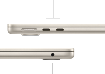 Закритий MacBook Air, вигляд зл?ва, показано порт MagSafe ? два порти Thunderbolt, вигляд справа, показано порт для навушник?в