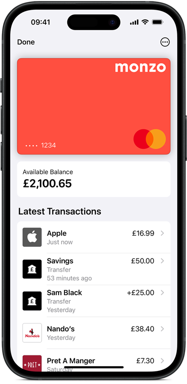 iPhone screen shows virtual Monzo bank card above an available balance of ￡2,100.65 and a list of Latest transactions