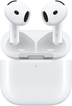 Des AirPods 4 flottant au-dessus du bo?tier de charge avec le couvercle ouvert.