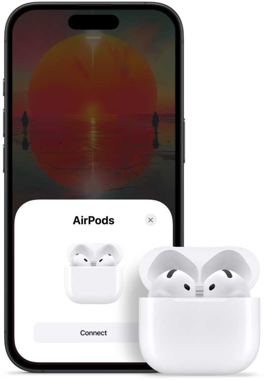 Un bo?tier de charge ouvert avec des AirPods 4 à l’intérieur, à c?té d’un iPhone montrant que les AirPods 4 ont été connectés.