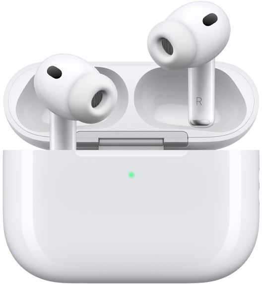AirPods Pro 3 y estuche de carga MagSafe (USB-C), dise?o redondeado, indicador de carga LED, estuche abierto, blanco, audífonos inalámbricos con almohadilla de silicón, parte inferior con las letras L y R