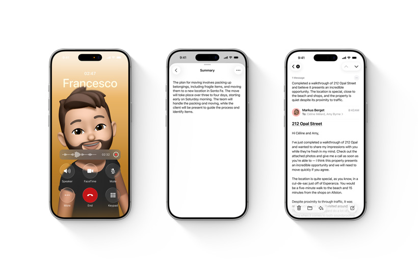 三部 iPhone 裝置展示 Apple Intelligence 功能：口訊摘要、在備忘錄或通話中錄音和撮要內(nèi)容，以及電郵摘要