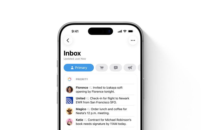 Un iPhone affichant la bo?te de réception de l’app Mail, avec les messages importants en haut
