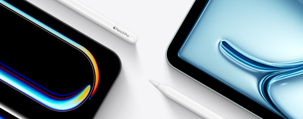Die obere rechte Ecke des iPad Pro mit dem oberen Ende des Apple Pencil Pro. Die obere linke Ecke des iPad Air mit der Spitze des Apple Pencil USB?C.