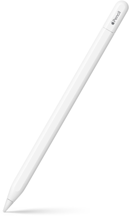 Ein Apple Pencil USB?C, schr?g nach oben gerichtet mit der Spitze nach unten. Das obere Ende ist gerundet und zeigt, wo sich der Apple Pencil aufschieben l?sst, um ein USB?C Kabel anzuschlie?en. Ein Apple Logo und der Name des Produkts oben. Unten wird ein Schatteneffekt gezeigt.