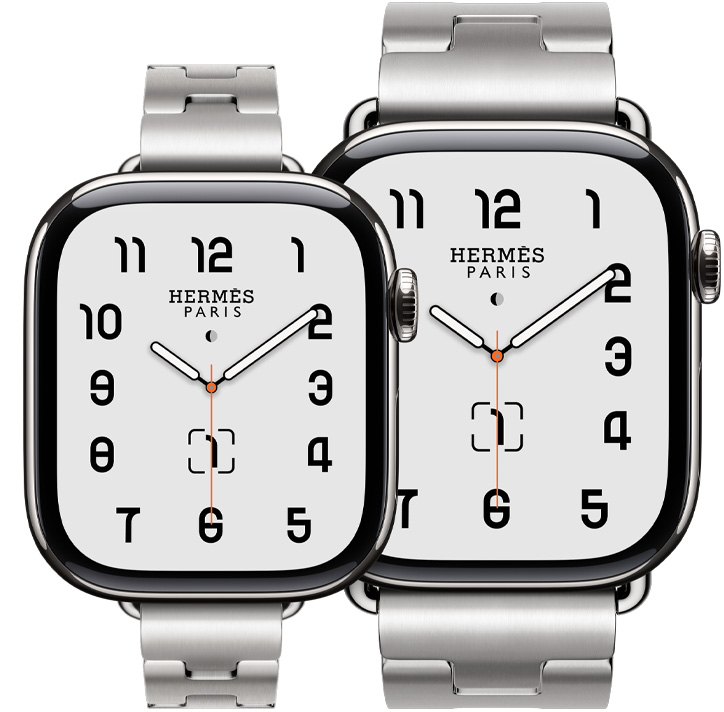 兩隻 Apple Watch Hermès Series 11 裝置，展示銀色鈦金屬錶殼，分別搭配 Satiné 緞灰色 Grand H Fin 與 Grand H 錶鏈帶