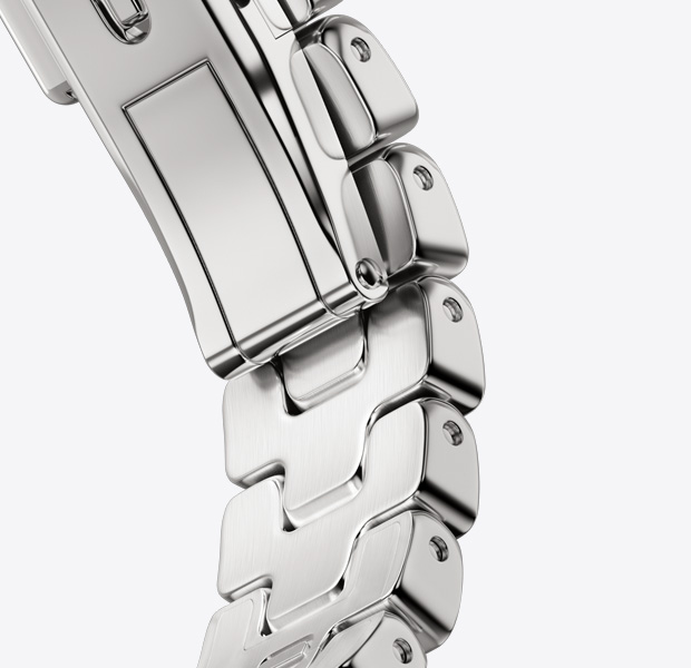 Apple Watch Hermès Series 11 Grand H Satiné 緞灰色錶鏈帶，展示可快速拆卸的金屬錶釦