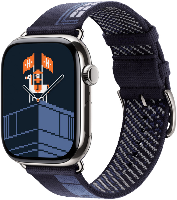 Apple Watch Hermès Series 11，展示銀色鈦金屬錶殼、福寶旗艦店派對錶面與 Faubourg Party 錶帶