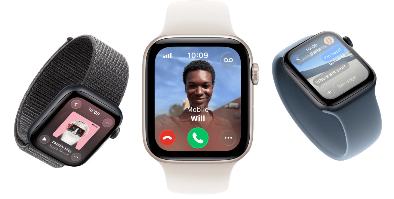 Apple Watch SE 3-enheter, aluminiumboetter i stj?rnglans och midnatt, fl?tad sololoop i gurkmeja, sololoop i neongult, sportloop i m?rkgr?tt, sk?rmarna visar Apple Pay, Kontrollcenter och Apple Music