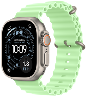 Apple Watch Ultra 3, kleur naturel, kast van titanium, wijzerplaat Ori?ntatie, functies: UV-index, Activiteit, Satelliet, Kompas, rechterkant, Digital Crown, microfoon, zijknop, Ocean-bandje, kleur neongroen