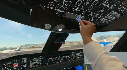 飛行機のコックピットの3Dプロジェクションで、コントロールのつまみを調(diào)節(jié)している手