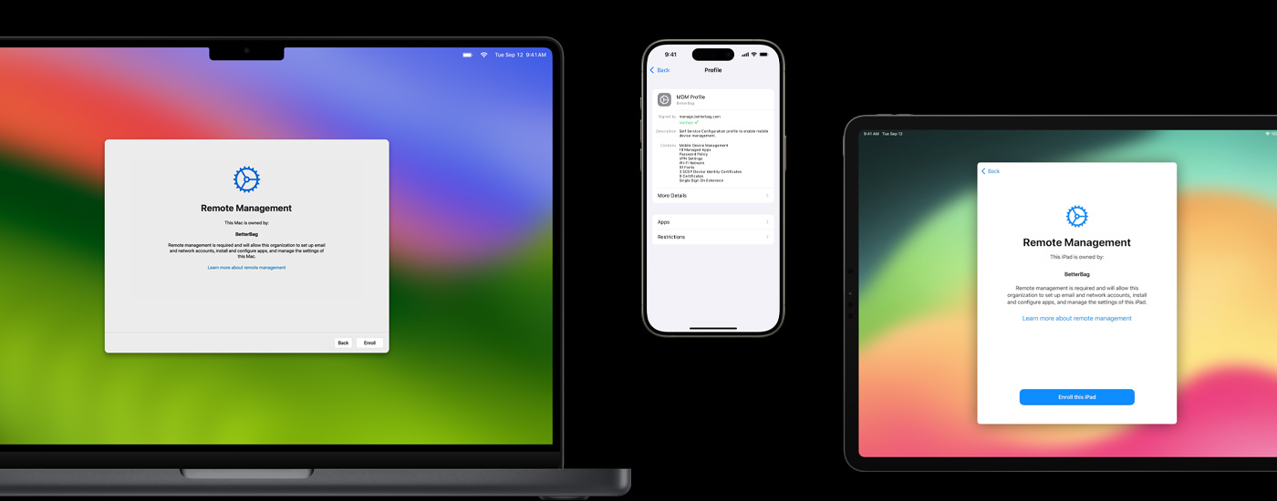 Mac a?iPad s?otev?enym oknem vzdálené správy. Na iPhonu je vidět nastavování profilu MDM.