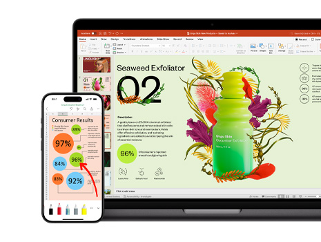 Mac a?iPhone s r?znymi ?ástmi stejné prezentace o?p?ípravku na pé?i o?ple?.