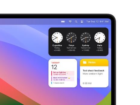 Několik widget? na plo?e Macu v?etně Hodin, Kalendá?e, Poznámek a?Po?así.