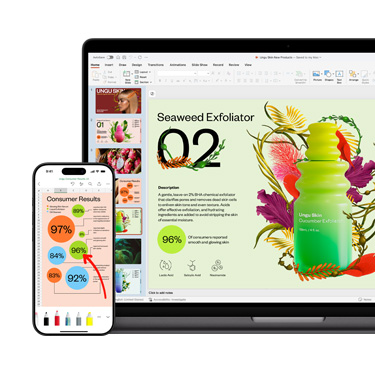 Egy Mac és egy iPhone el?lnézetb?l, a képerny?n és a kijelz?n egy b?rápolási terméket bemutató, élénk és színes prezentáció kül?nb?z? részletei.