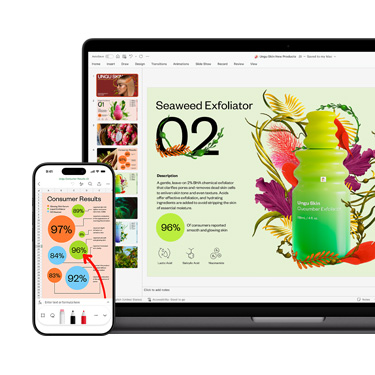 Vorderansicht von einem Mac und einem iPhone, die verschiedene Abschnitte der gleichen Pr?sentation in lebendigen Farben zu einem Hautpflegeprodukt zeigen.
