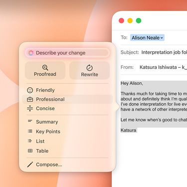 Eine gesch?ftliche E?Mail mit einer Apple Intelligence Anfrage.