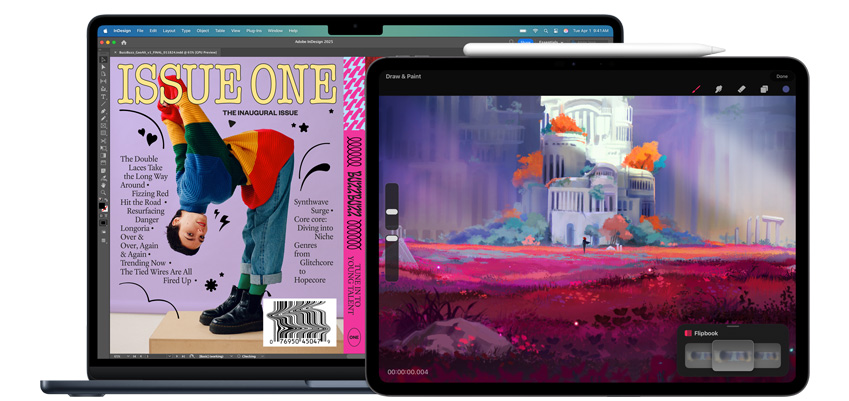Apps de dise?o en una MacBook y en un iPad, con un Apple Pencil Pro al lado del iPad.
