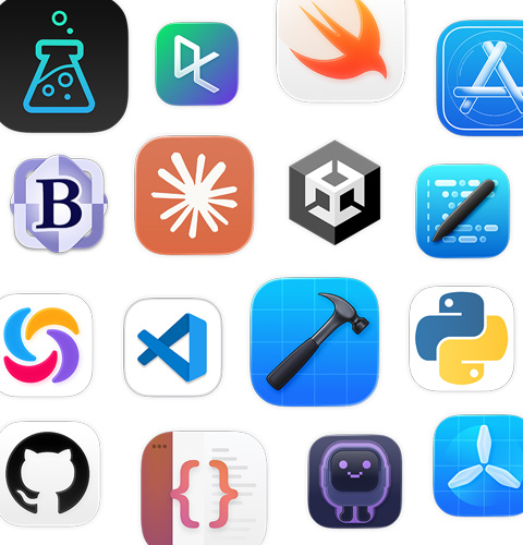 Uma variedade de ícones de apps de programa??o, incluindo Unity Editor, DataCamp, Swift Playground, Apple Developer e PyTorch
