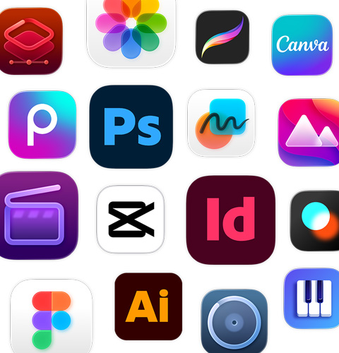 一系列創(chuàng)造力 app 圖像，包括 Adobe Illustrator、Canva、CapCut 和 Figma