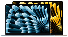 兩部打開的 MacBook Air，較小的一部在前，螢?zāi)环謩e顯示絢麗的藍(lán)色與黃色抽象風(fēng)格背景圖片。