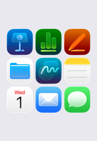 Apple app 圖像以 3x3 格狀排列，包括 Keynote、Numbers、Pages、檔案、備忘錄及日曆。