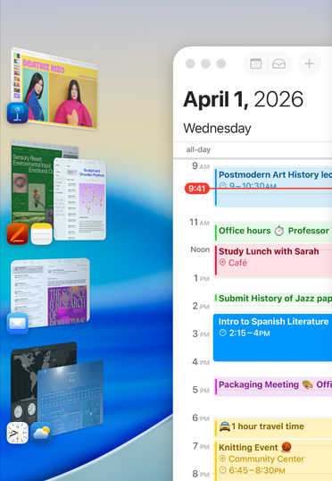 螢?zāi)簧弦匀航M形式顯示各種 Apple app，包括 Keynote、Pages、備忘錄和郵件。