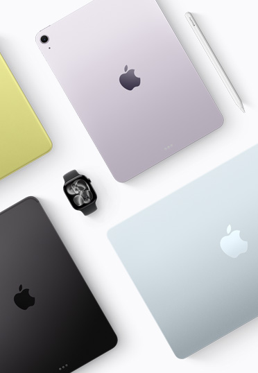 以俯視角度展示不同顏色的 Mac 和 iPad 裝置，中間位置有一隻黑色 Apple Watch。