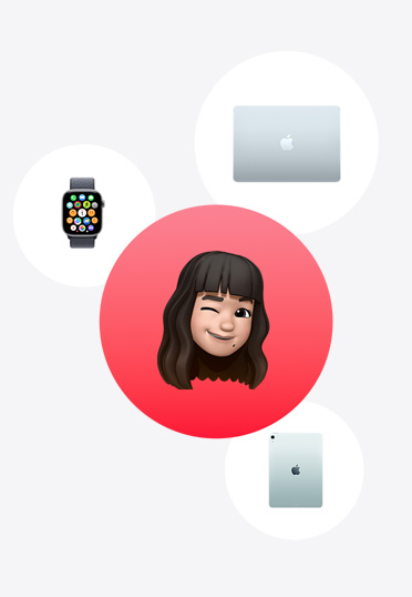 Apple Watch、MacBook、iPad 圍繞著紅色圓圈中的 Memoji。