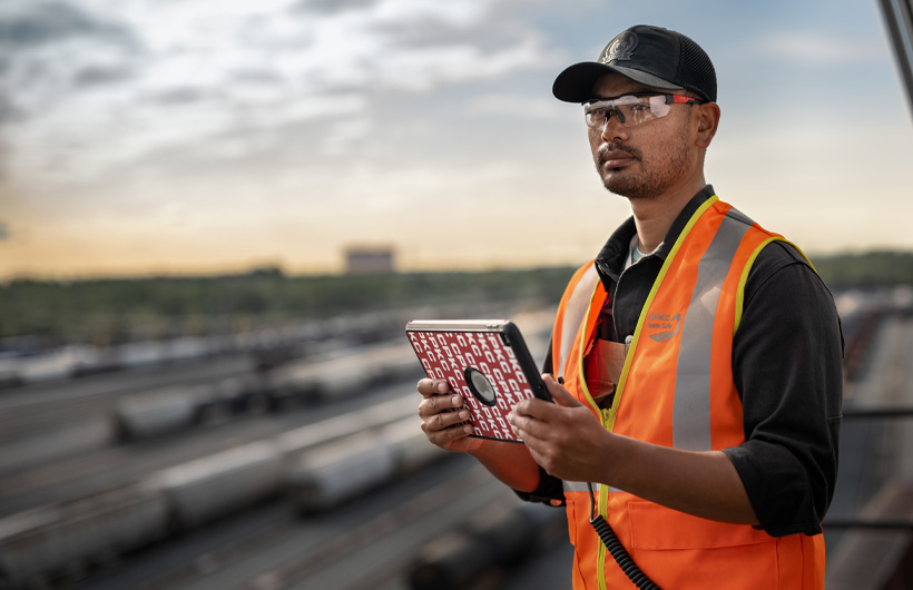 Ein Bahnmitarbeiter, umgeben von gro?en Waggons, steht mit einem iPad in der Hand und schaut nach vorne