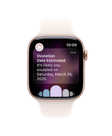Apple Watch Series 11, Aluminiumgeh?use, Farbe Roségold, Mitteilung zum gesch?tzten Ovulationstag, rechte Seitenansicht: Digital Crown, Sportarmband Blassrosa