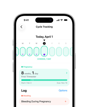 iPhone, Zyklusprotokoll in der Health App eingestellt, um Meilensteine der Schwangerschaft zu tracken