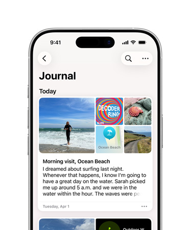 Journal App ge?ffnet mit Journaleintrag für den Tag, Bilder von einem Tag am Strand und Text zu Tr?umen auf einem iPhone