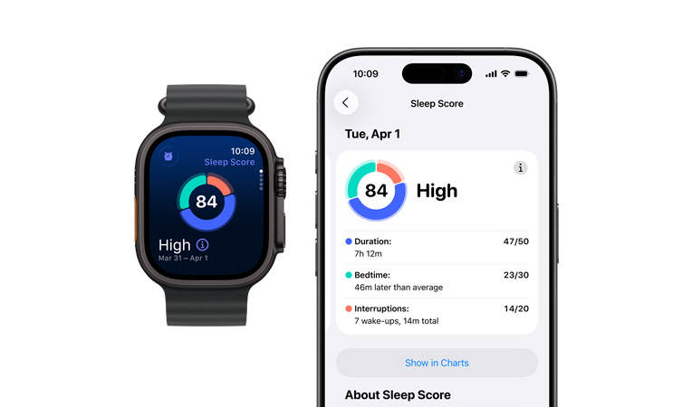 Apple Watch Ultra 3, Titangeh?use, Farbe Schwarz, Kreisdiagramm und Bewertung zum Schlafindex, linke Seitenansicht, Actiontaste, rechte Seitenansicht, Digital Crown, Seitentaste, Ocean Armband, Farbe Schwarz, genaue Schlafanalyse wird auf gekoppeltem iPhone angezeigt