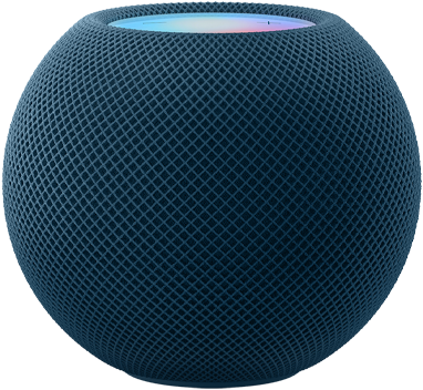 ブルーのHomePod mini。その上にカラフルなピクセルで描かれた「mini」という文字が動いている
