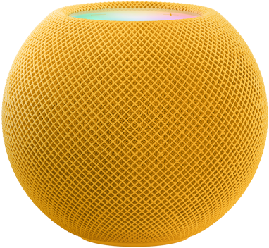 イエローのHomePod mini。その上にカラフルなピクセルで描かれた「mini」という文字が動いている